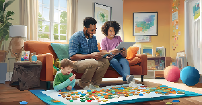 A parent and child in a cozy living room, engaged in a budgeting activity with a savings jar and colorful coins.