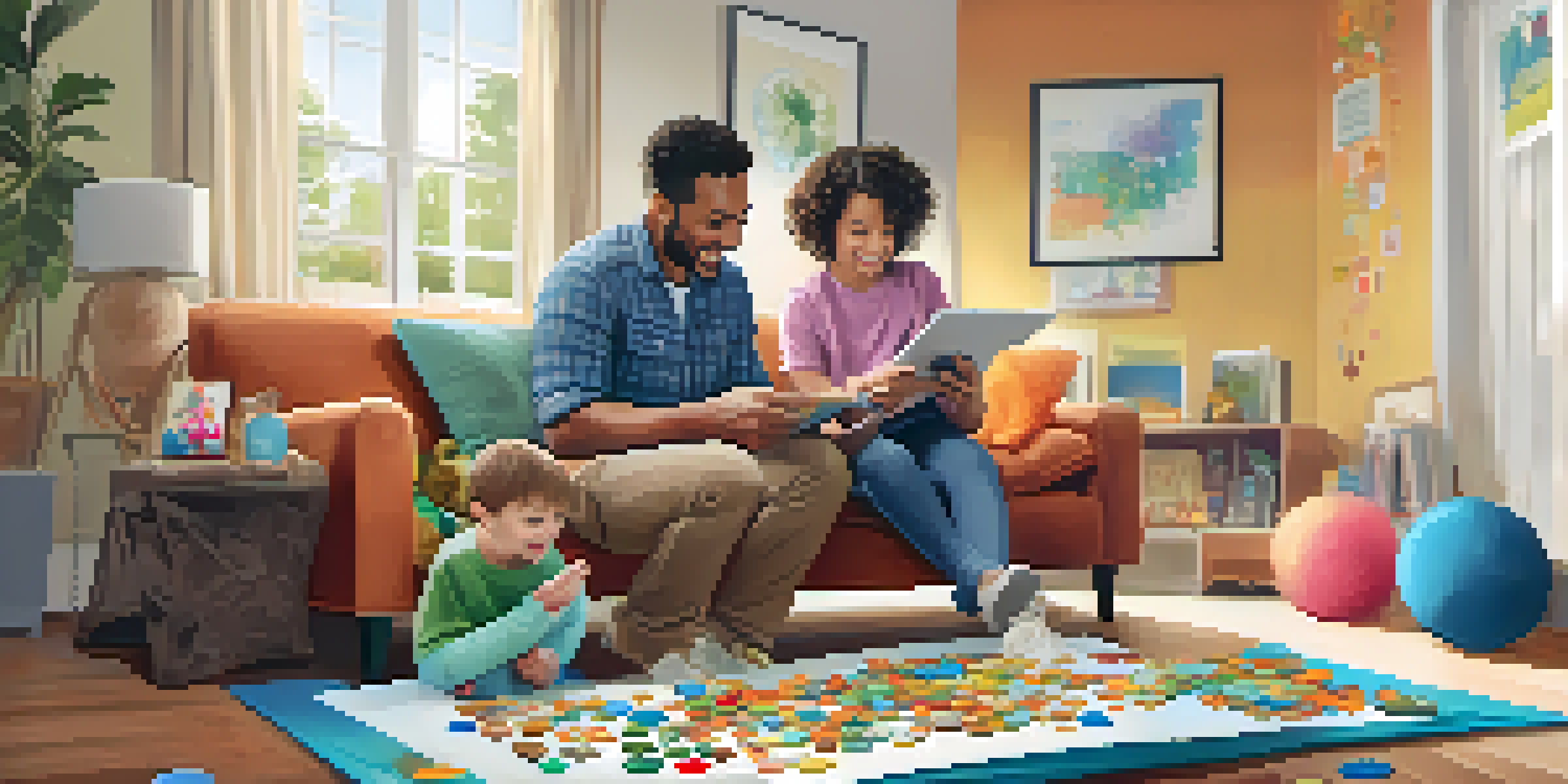 A parent and child in a cozy living room, engaged in a budgeting activity with a savings jar and colorful coins.
