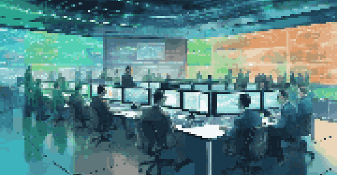A modern trading room with digital screens showing stock market data and graphs, with diverse investors analyzing the information.