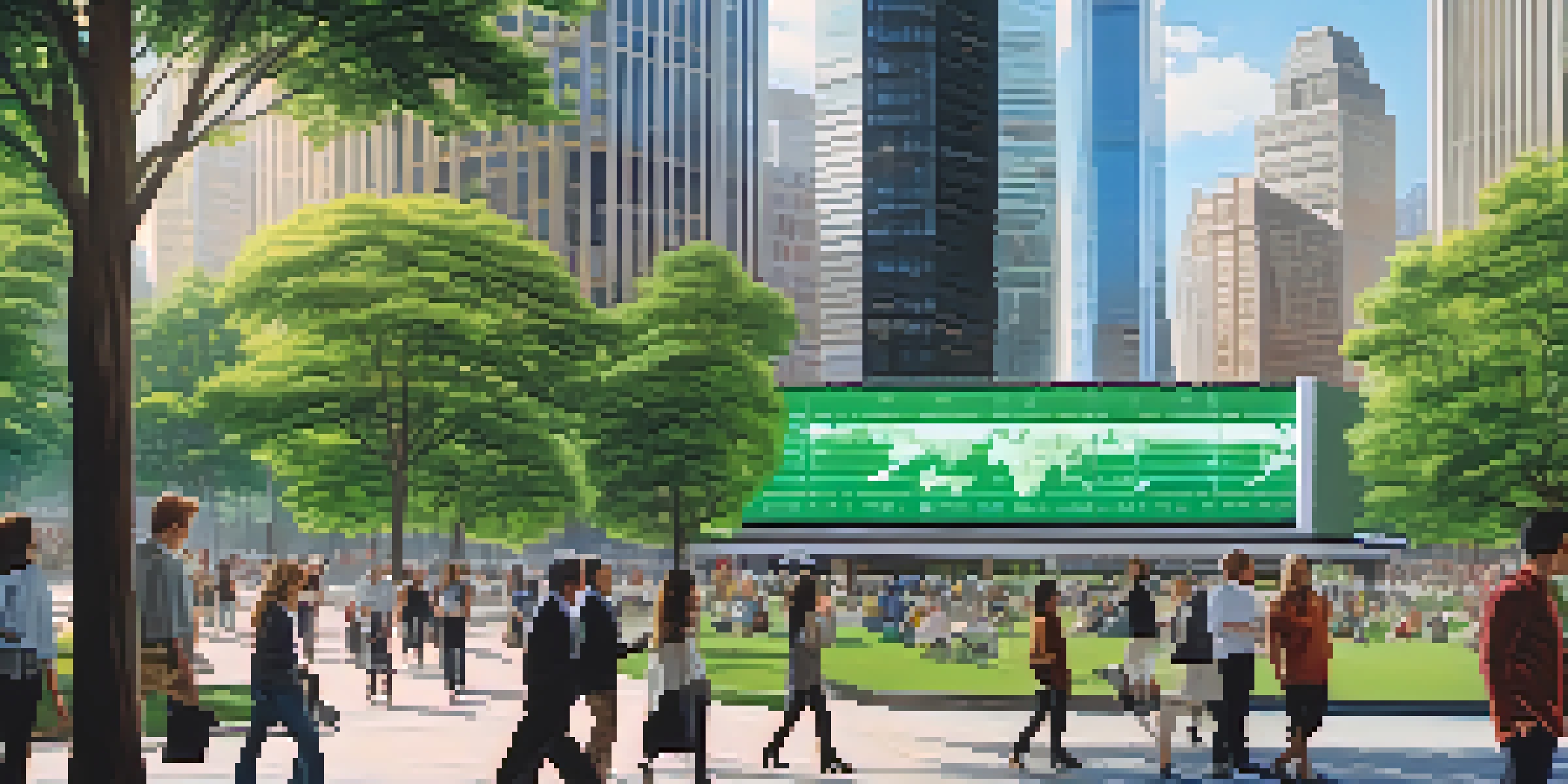 A busy financial district with tall buildings and a digital billboard showing currency exchange rates, surrounded by people and greenery.