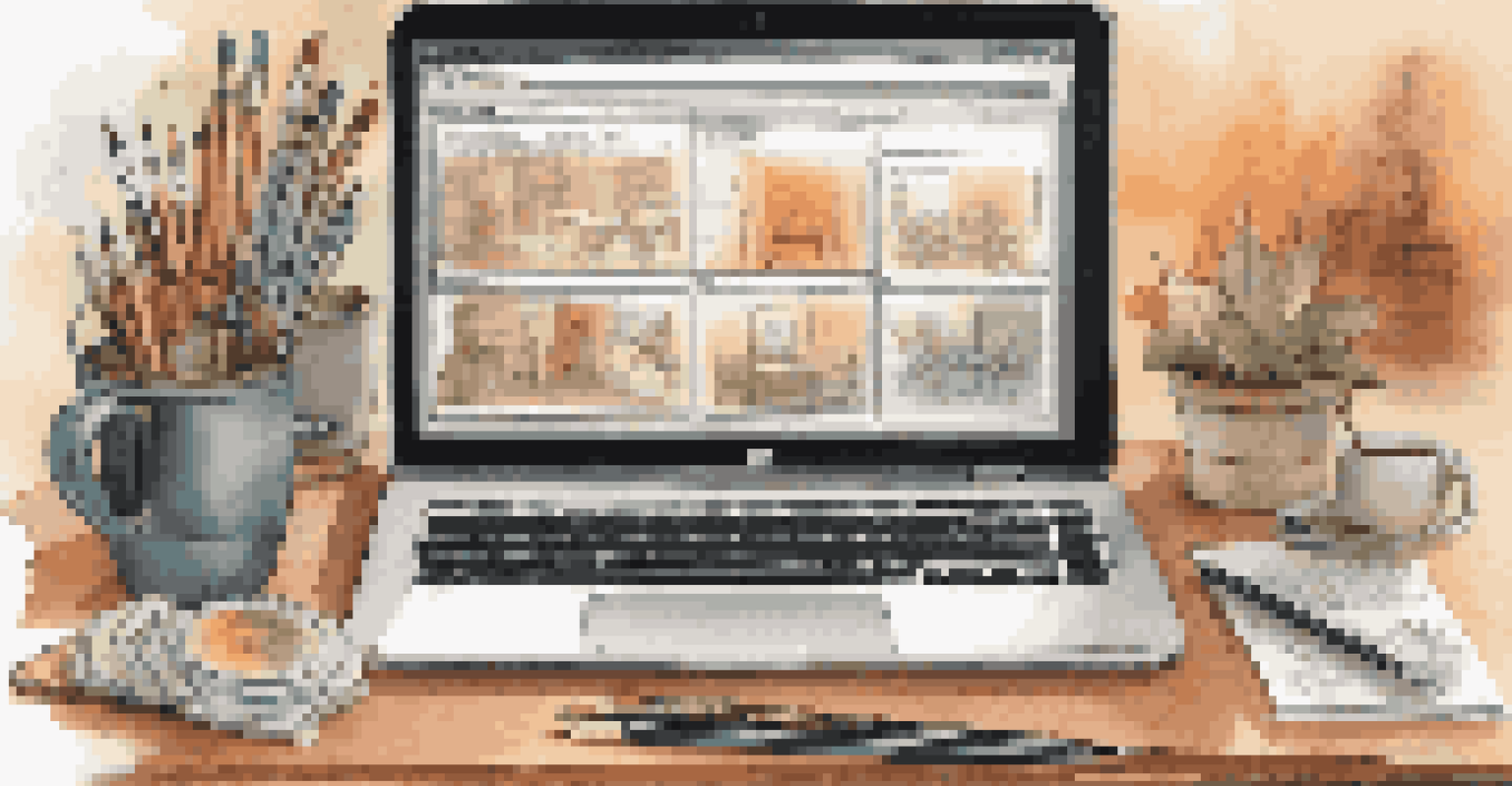 A laptop displaying a crowdfunding platform interface surrounded by creative tools, with a warm color palette and inviting atmosphere.