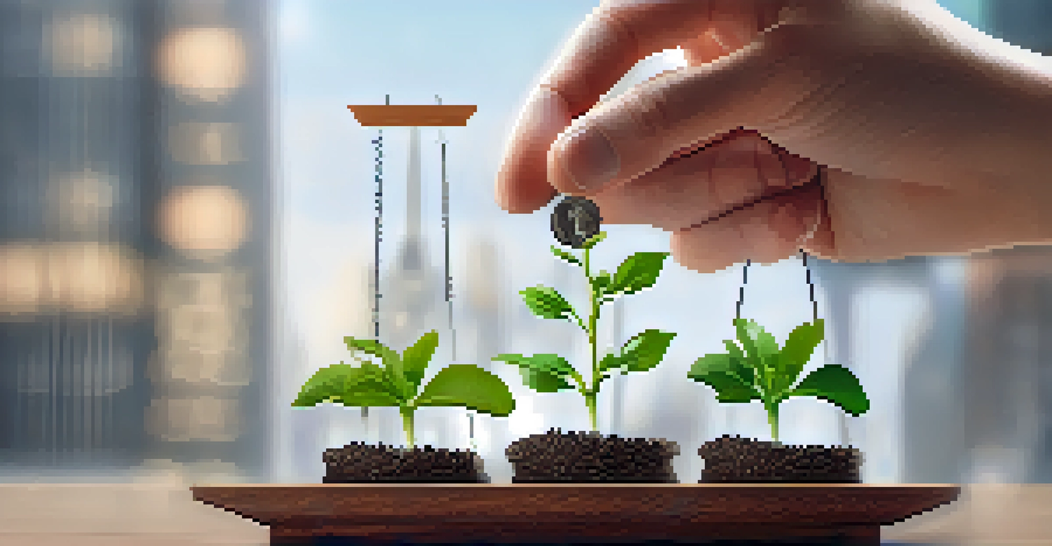 A hand adjusting a balance scale between coins and a sprouting plant, with stock market charts blurred in the background.