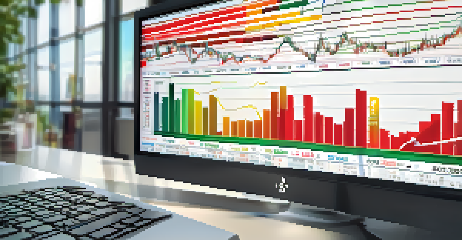 A close-up of a financial chart on a computer screen with colorful lines and graphs in an office setting.