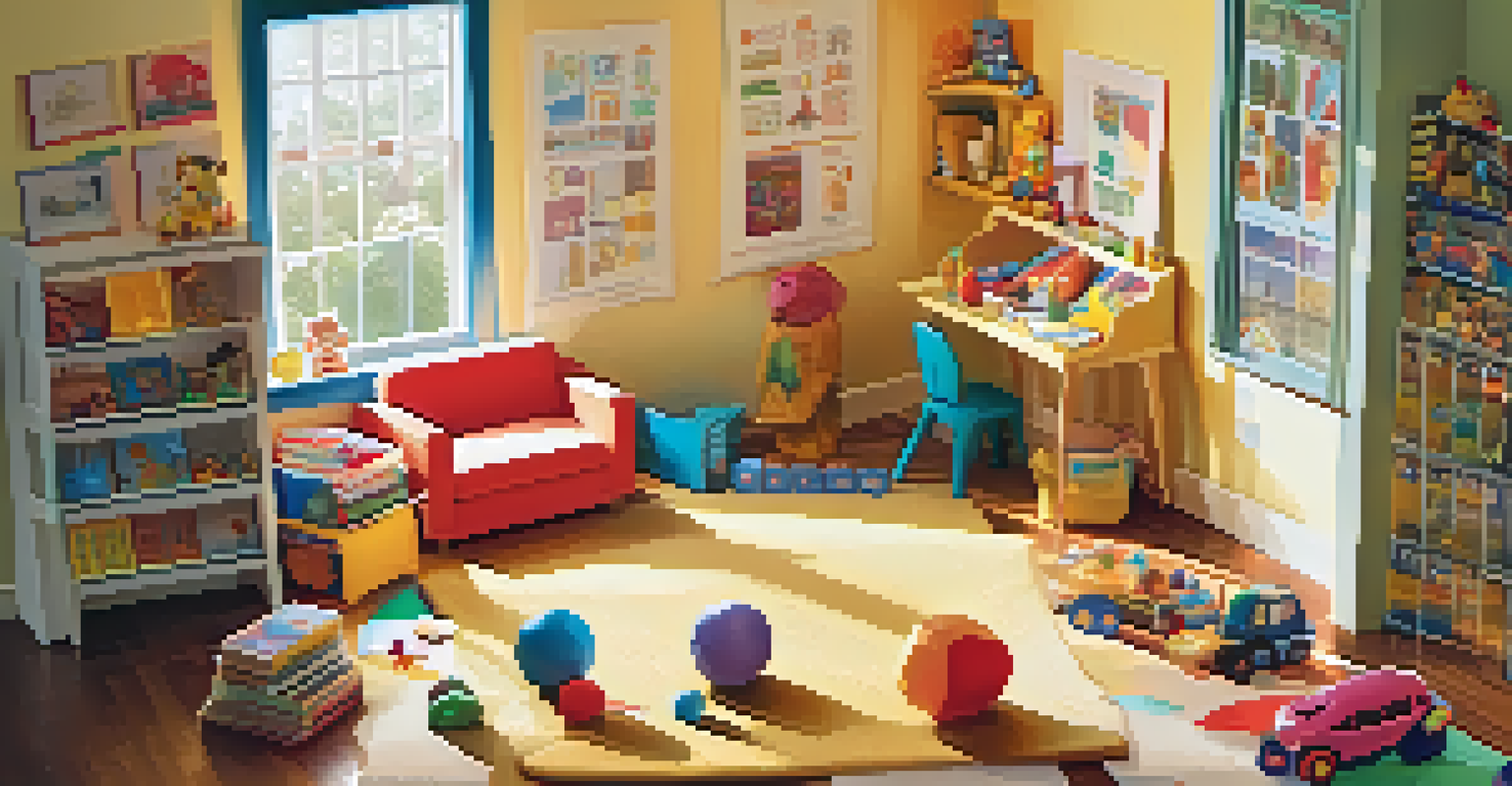 An organized kids' playroom with toys, a piggy bank, and a chart for savings, illuminated by sunlight.