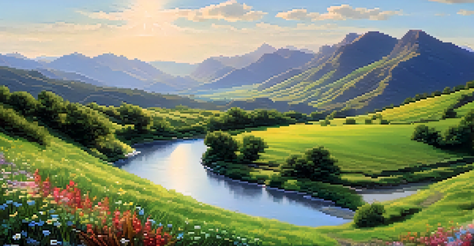 A peaceful valley with a river, wildflowers in the foreground, and mountains under a blue sky.
