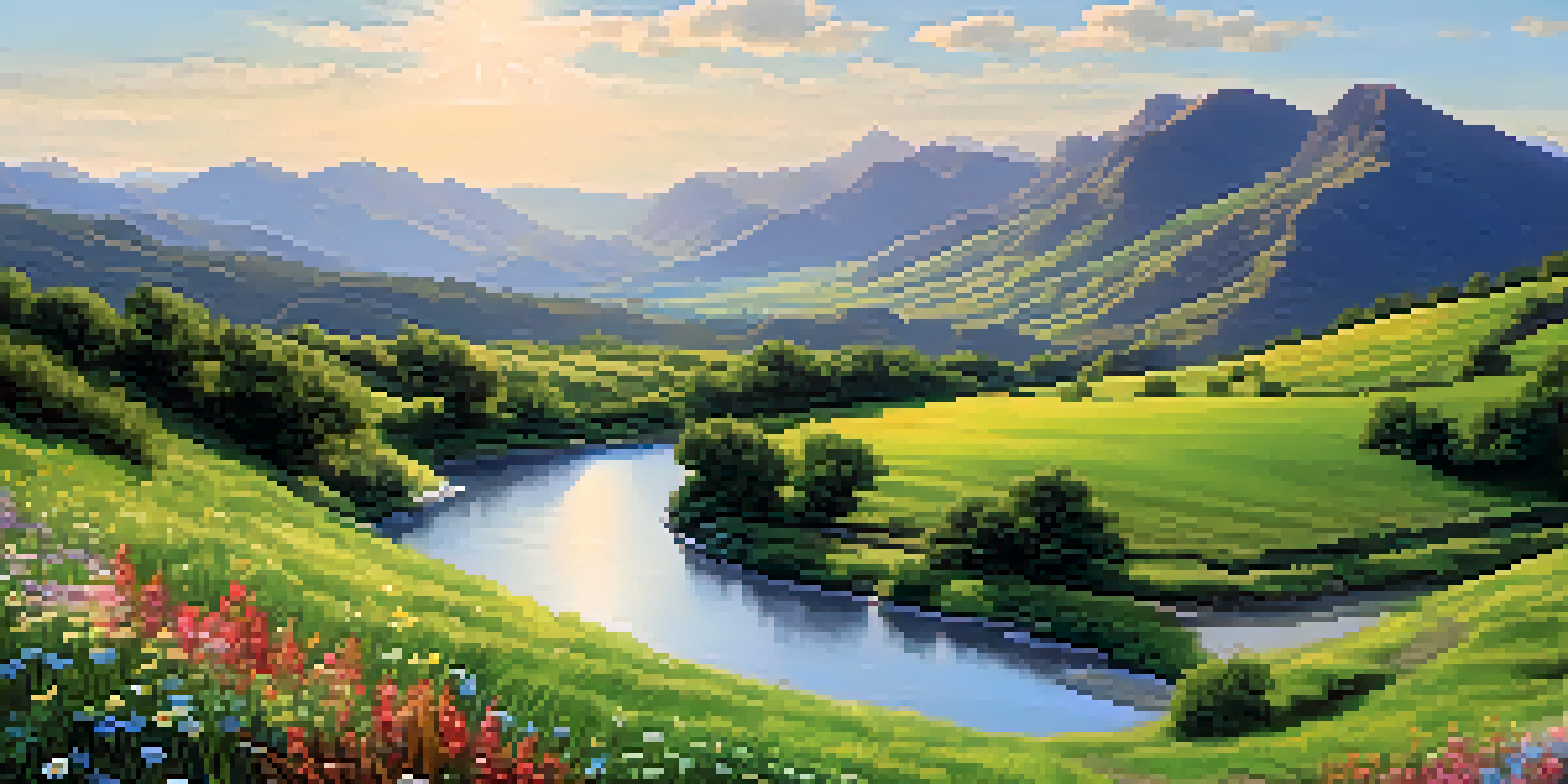 A peaceful valley with a river, wildflowers in the foreground, and mountains under a blue sky.