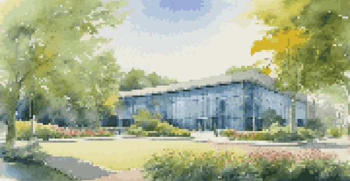 A modern office building set in a green landscape with people discussing outside.