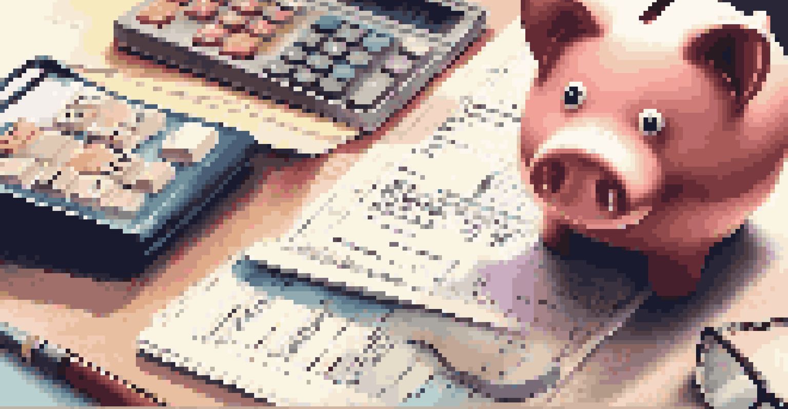 A close-up of a hand holding a colorful piggy bank with financial documents and a calculator in a cozy home office.