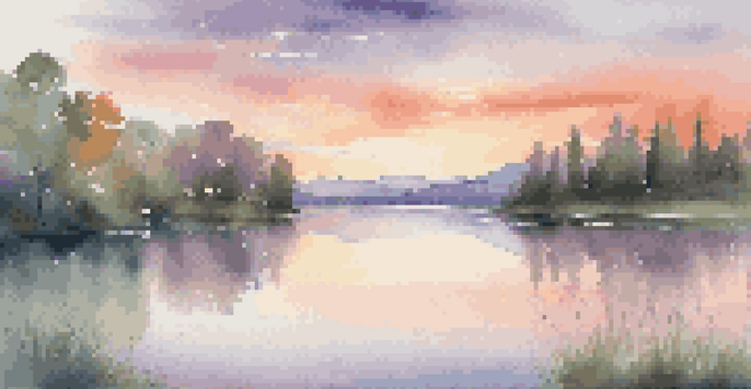 A peaceful lake at sunset surrounded by trees and mountains, with the sky showing vibrant sunset colors.