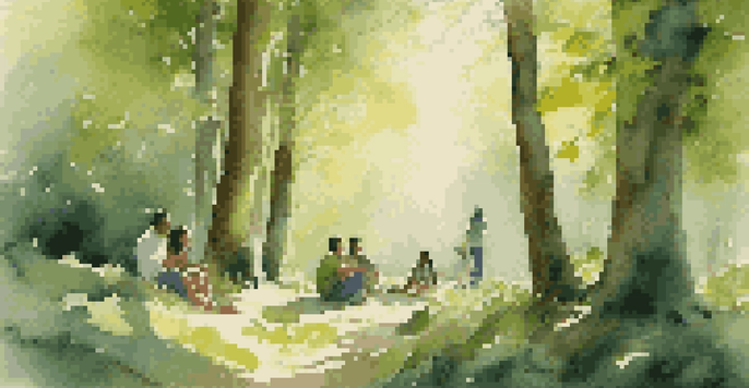 A peaceful forest scene with people discussing sustainability under sunlight filtering through the leaves.