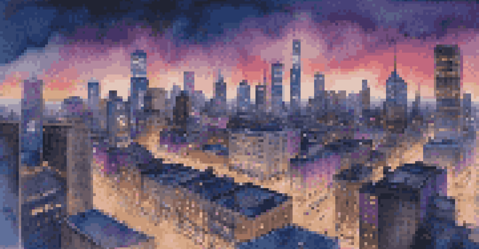 A cityscape at twilight with illuminated skyscrapers and streaks of car lights.