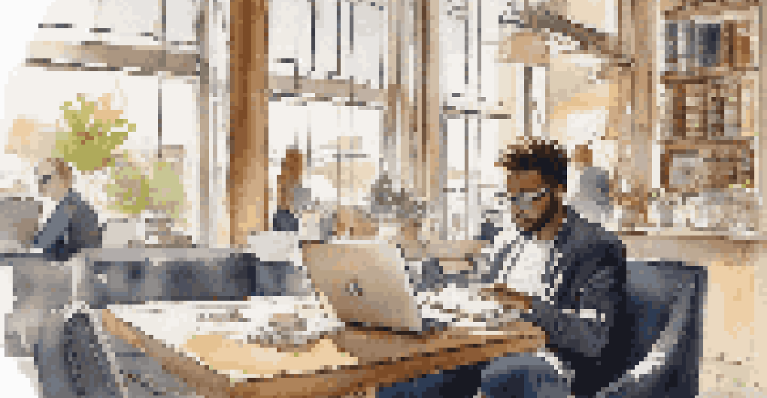 A person working on a laptop in a coffee shop, with investment materials around them, illuminated by natural light.
