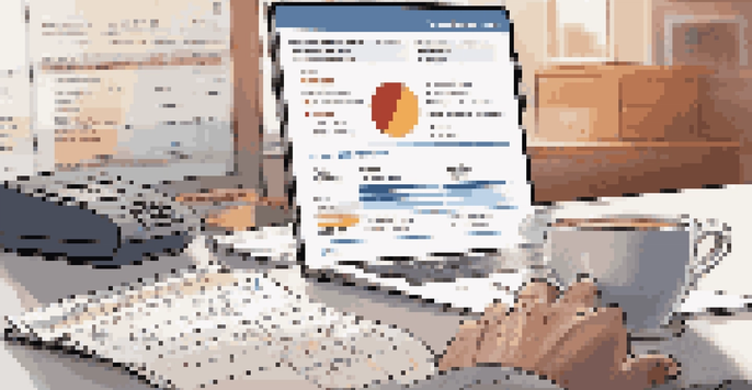 A close-up of a hand holding a credit report with a visible credit score, set on a modern office desk with a laptop, coffee cup, and calculator.