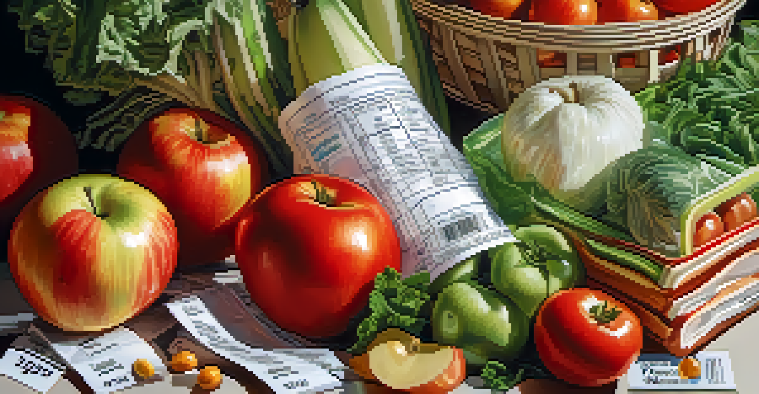 A close-up of a grocery receipt surrounded by fresh produce like apples and tomatoes, with natural lighting highlighting the textures.