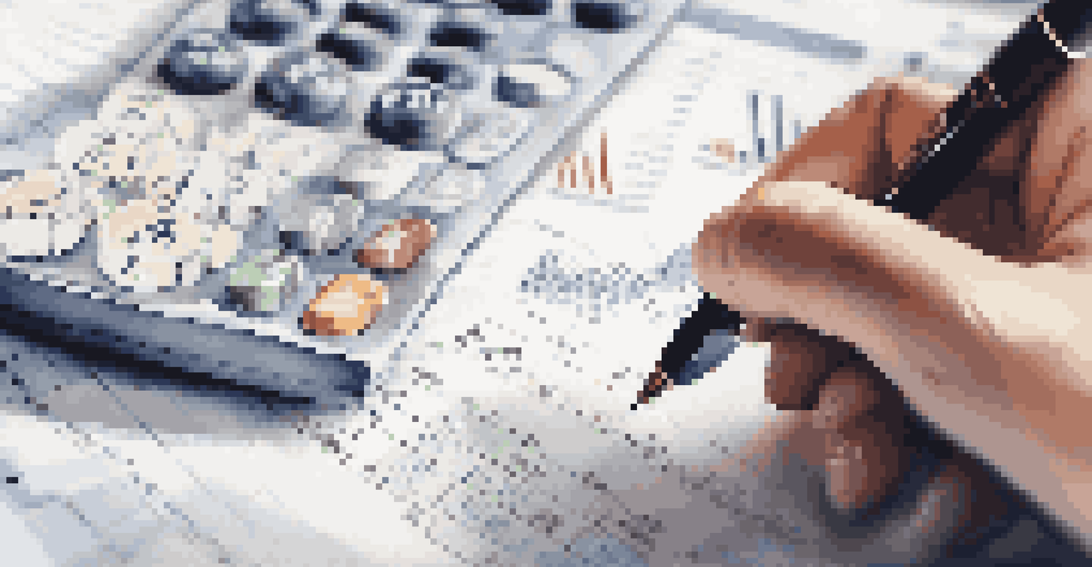A hand holding a pen above a financial document with graphs and numbers.