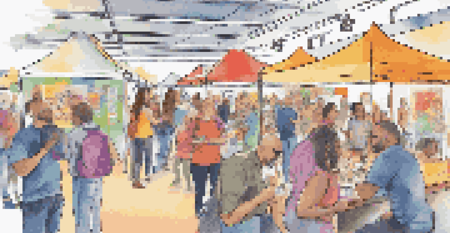A lively crowdfunding event with diverse participants engaging around creatively decorated booths showcasing startup products.