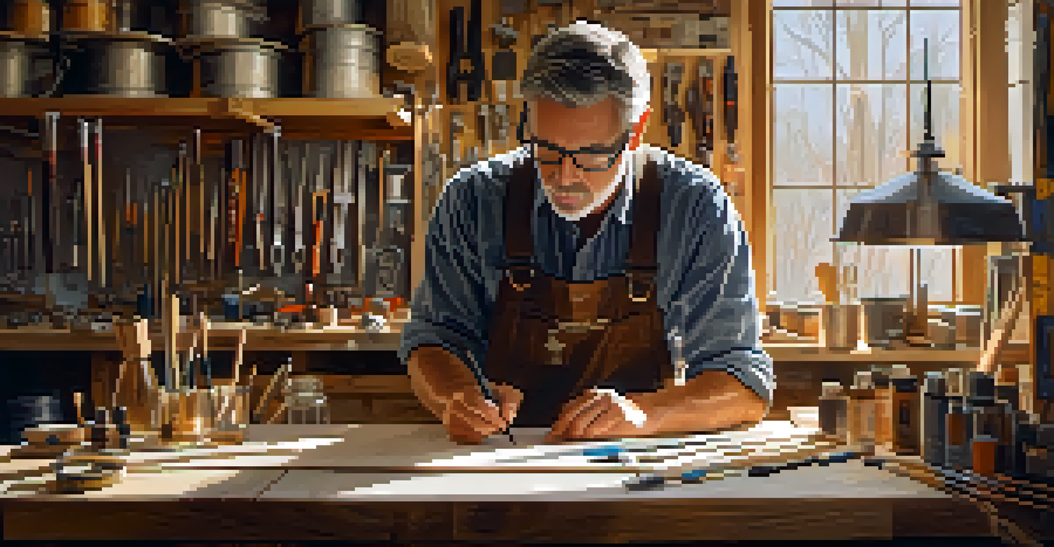 A focused creator working on a prototype in a workshop, surrounded by tools and sketches, with warm lighting highlighting the craftsmanship.