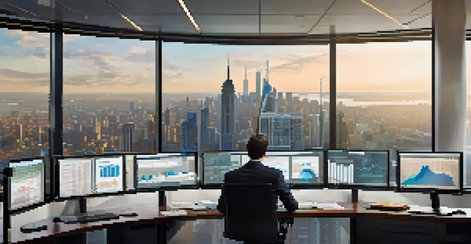 A fund manager in an office analyzing international investment data on multiple screens with a city skyline in the background.