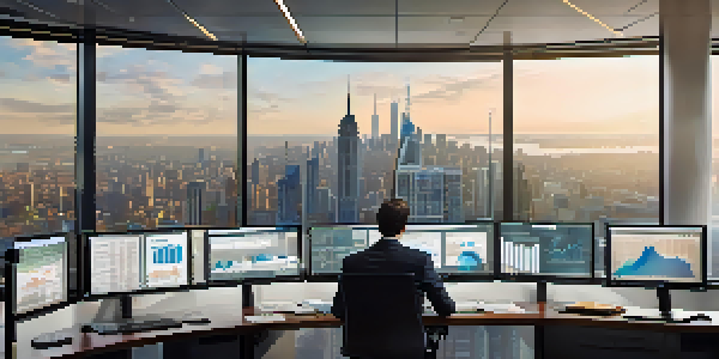 A fund manager in an office analyzing international investment data on multiple screens with a city skyline in the background.