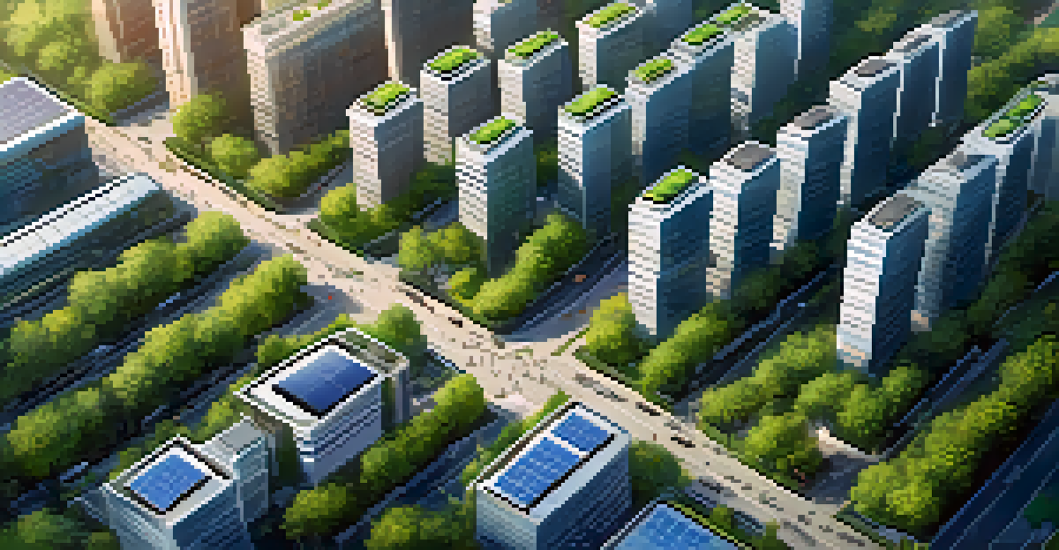 An aerial view of a modern city with green rooftops, solar panels, and electric cars on the streets, showcasing urban sustainability.