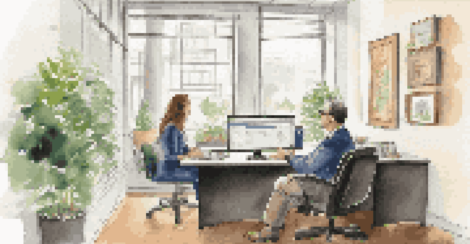 A financial advisor discussing annuities with a middle-aged woman in a well-lit office, with a laptop showing graphs and motivational quotes on the walls.