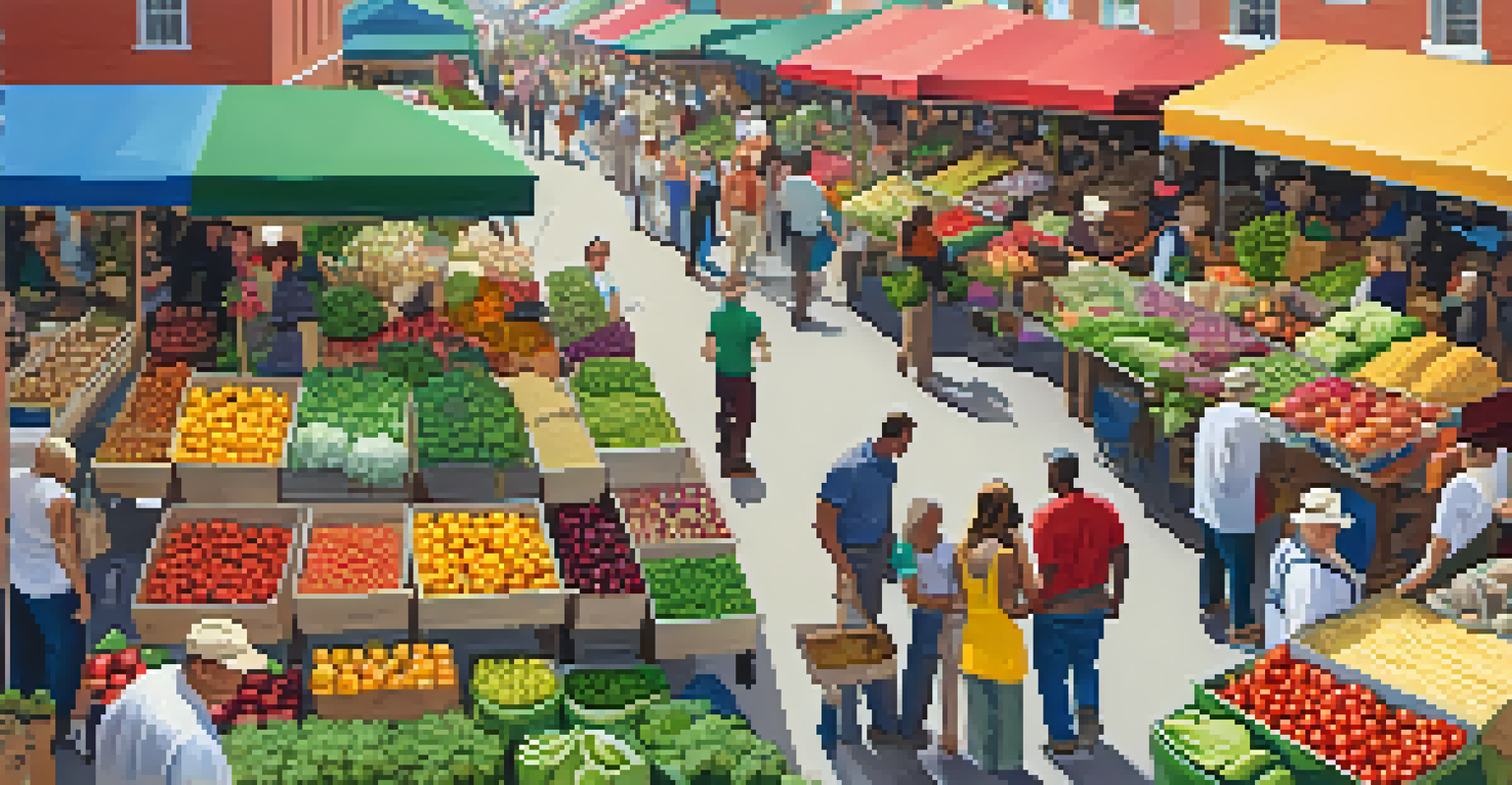 A lively farmer's market with colorful stalls and shoppers interacting with vendors.