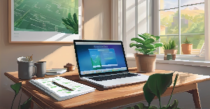 A cozy office with a wooden desk, laptop, financial planner's notebook, and a cup of coffee, with natural light streaming in and a potted plant nearby.