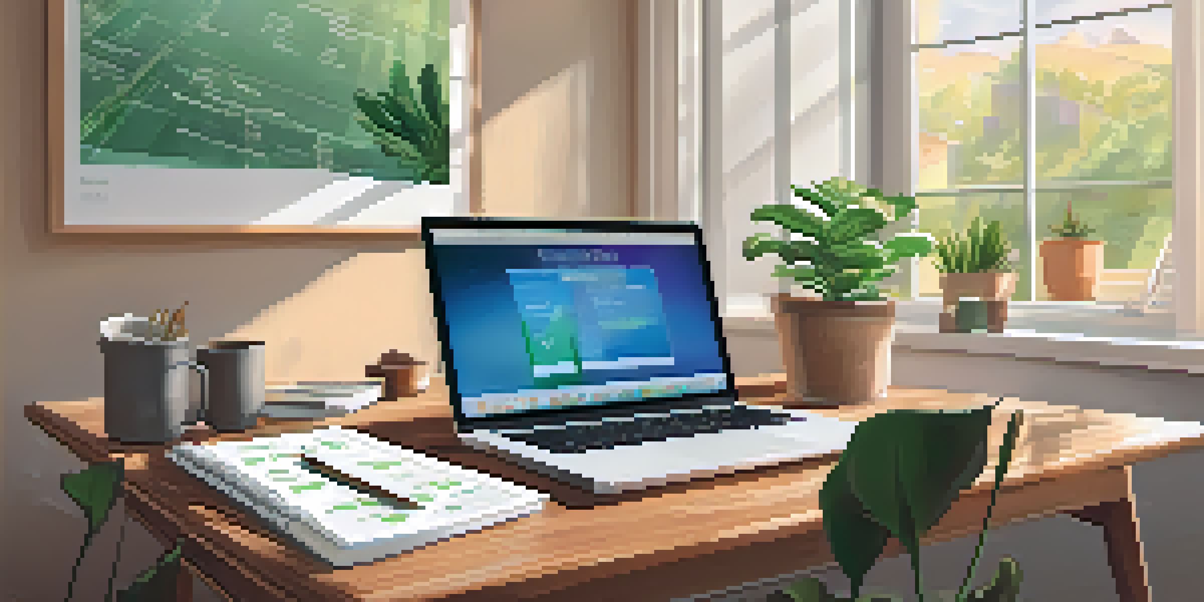 A cozy office with a wooden desk, laptop, financial planner's notebook, and a cup of coffee, with natural light streaming in and a potted plant nearby.
