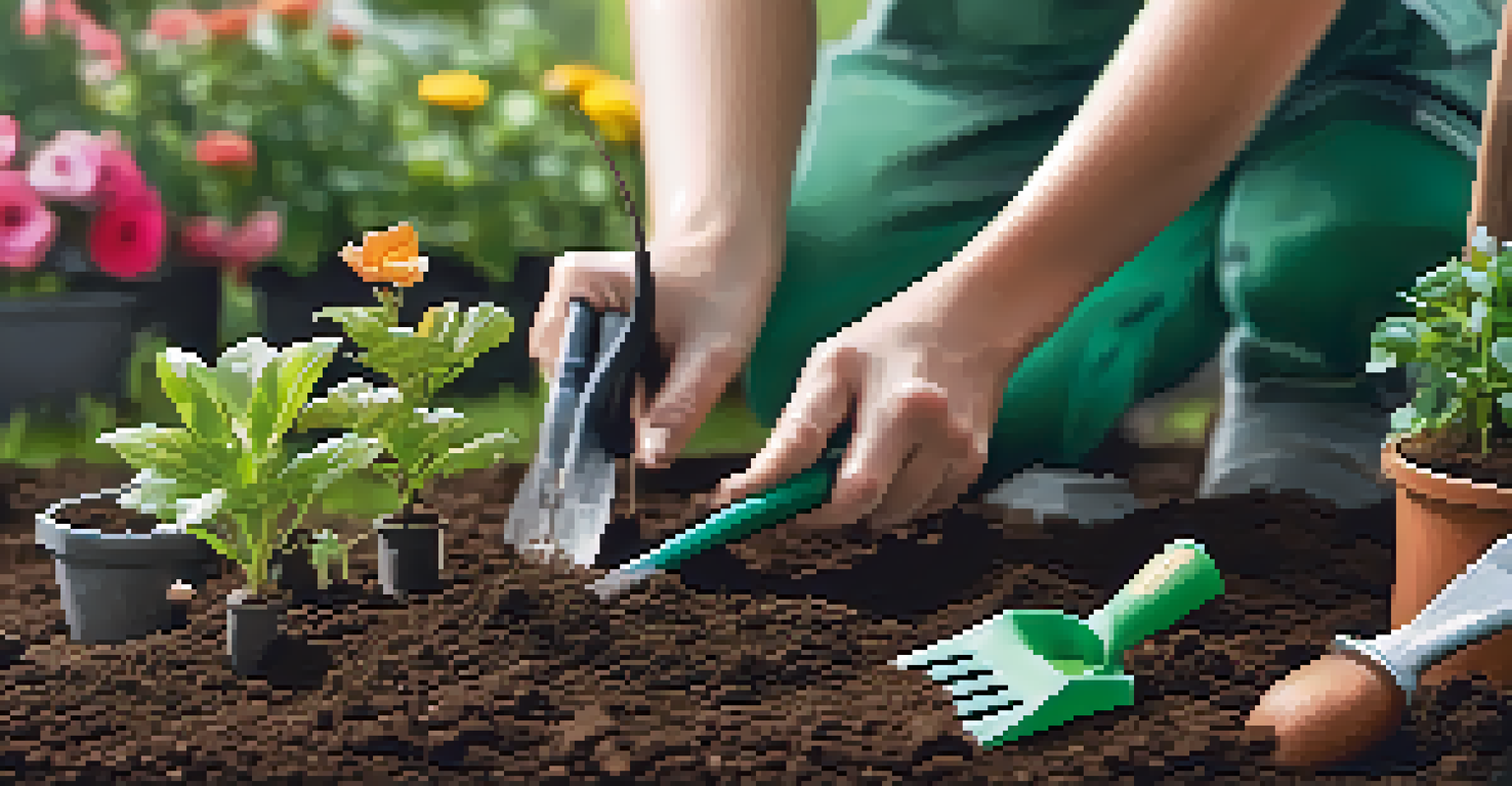 Close-up of hands planting a sapling in soil with gardening tools nearby, set against a blurred garden background.