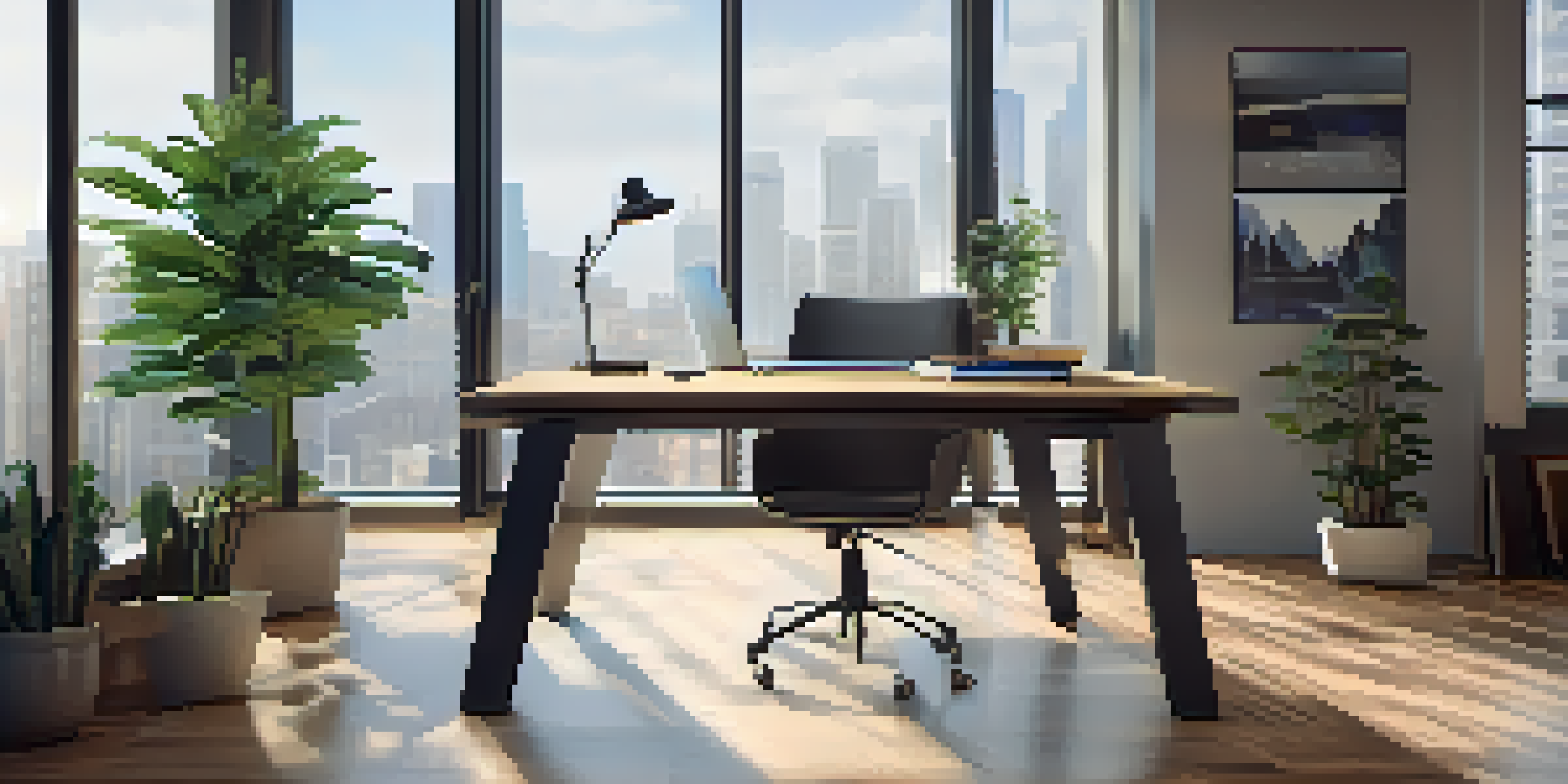 A modern office with a desk, laptop displaying financial graphs, and a potted plant, illuminated by natural light.