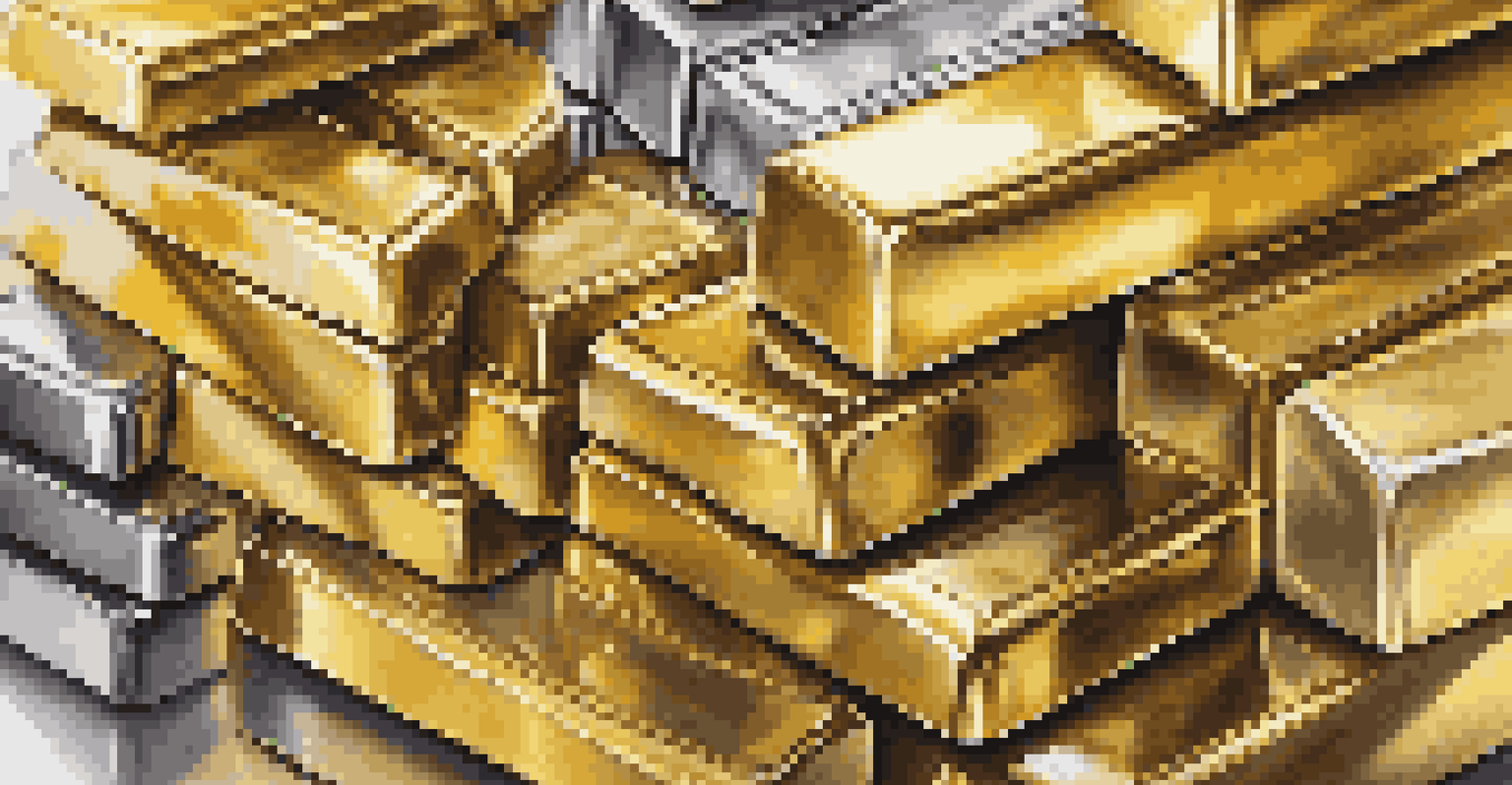 Close-up of gold and silver bars reflecting light, emphasizing their luxurious texture.