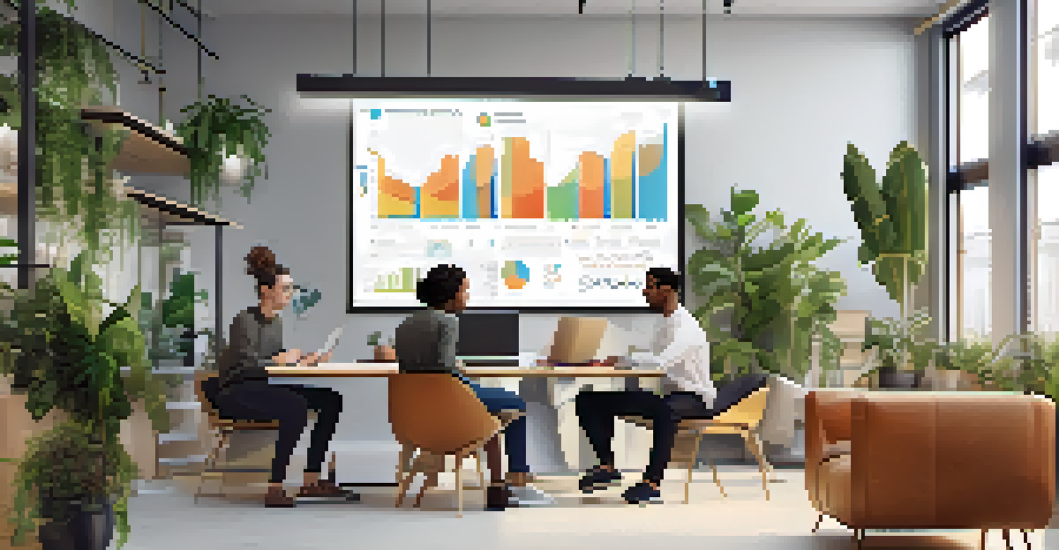 A diverse group of young individuals analyzing data on impact investments in a bright modern workspace.
