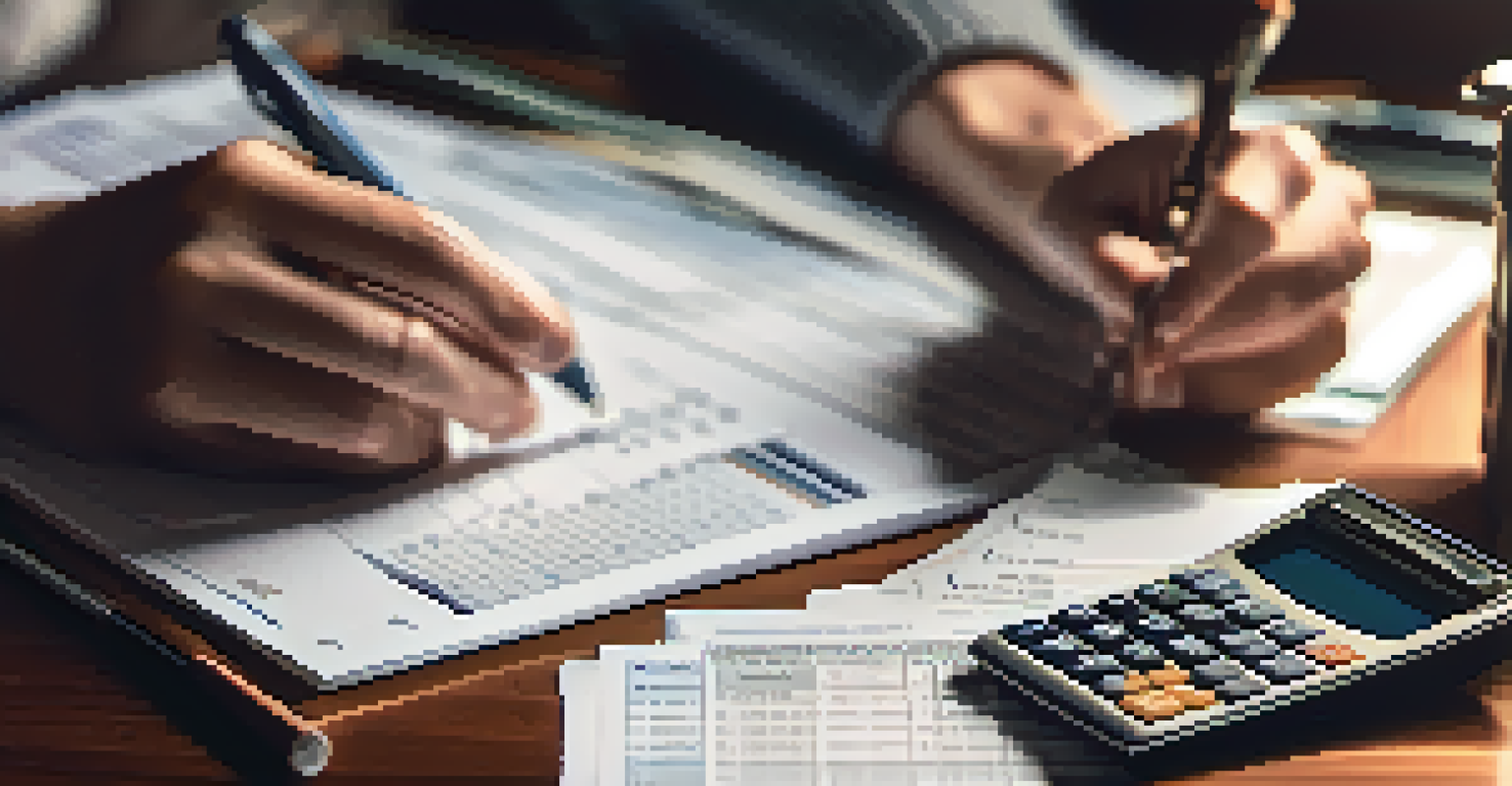 Close-up of hands using a calculator with financial documents and a cup of coffee in a warm-lit setting.