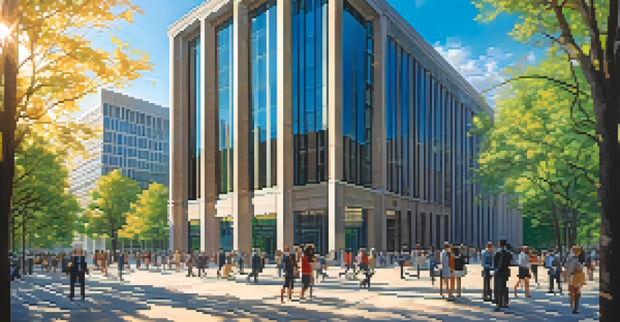 A modern central bank building in a city, with people discussing financial documents in the foreground under warm sunlight.