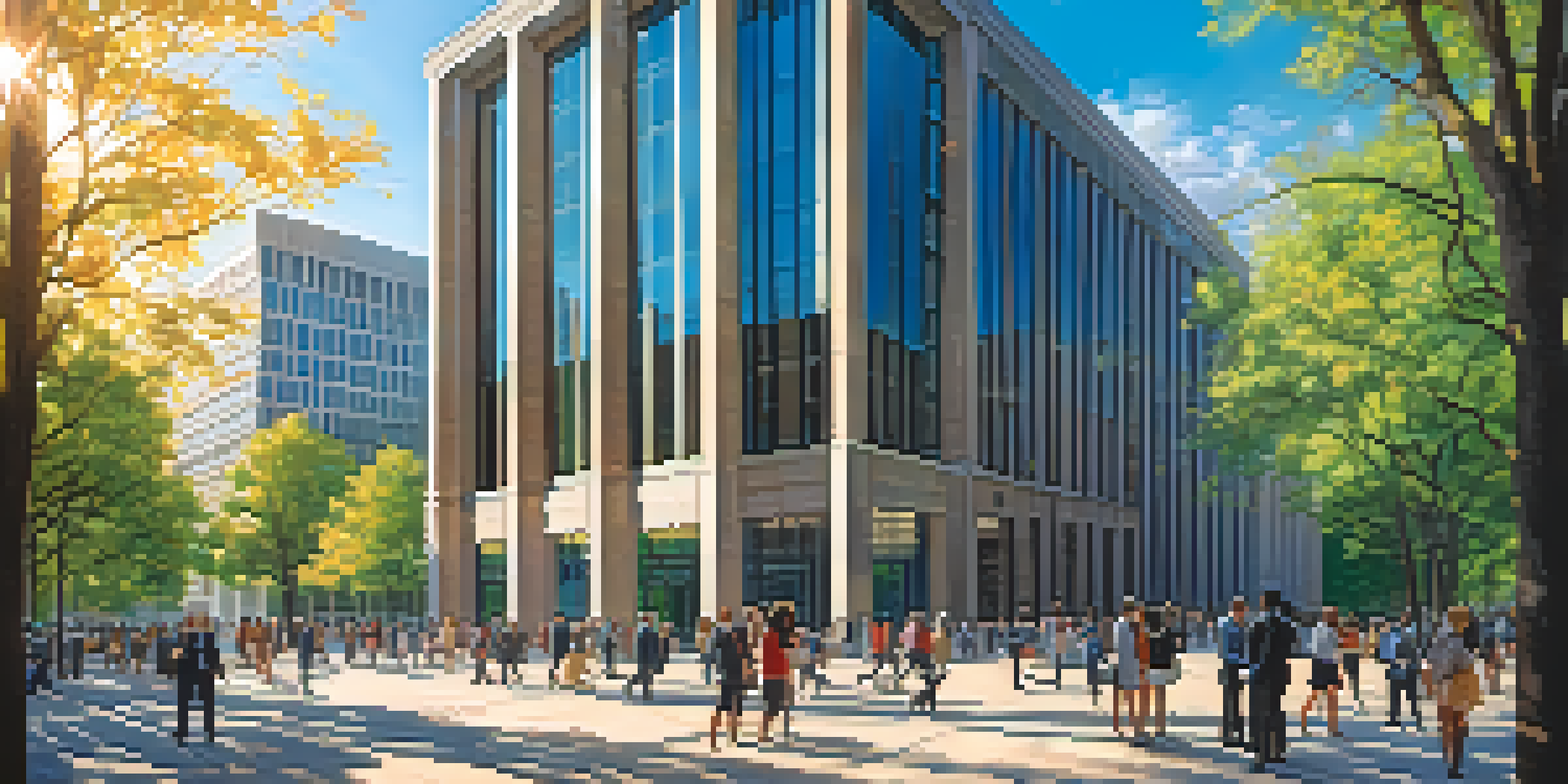 A modern central bank building in a city, with people discussing financial documents in the foreground under warm sunlight.