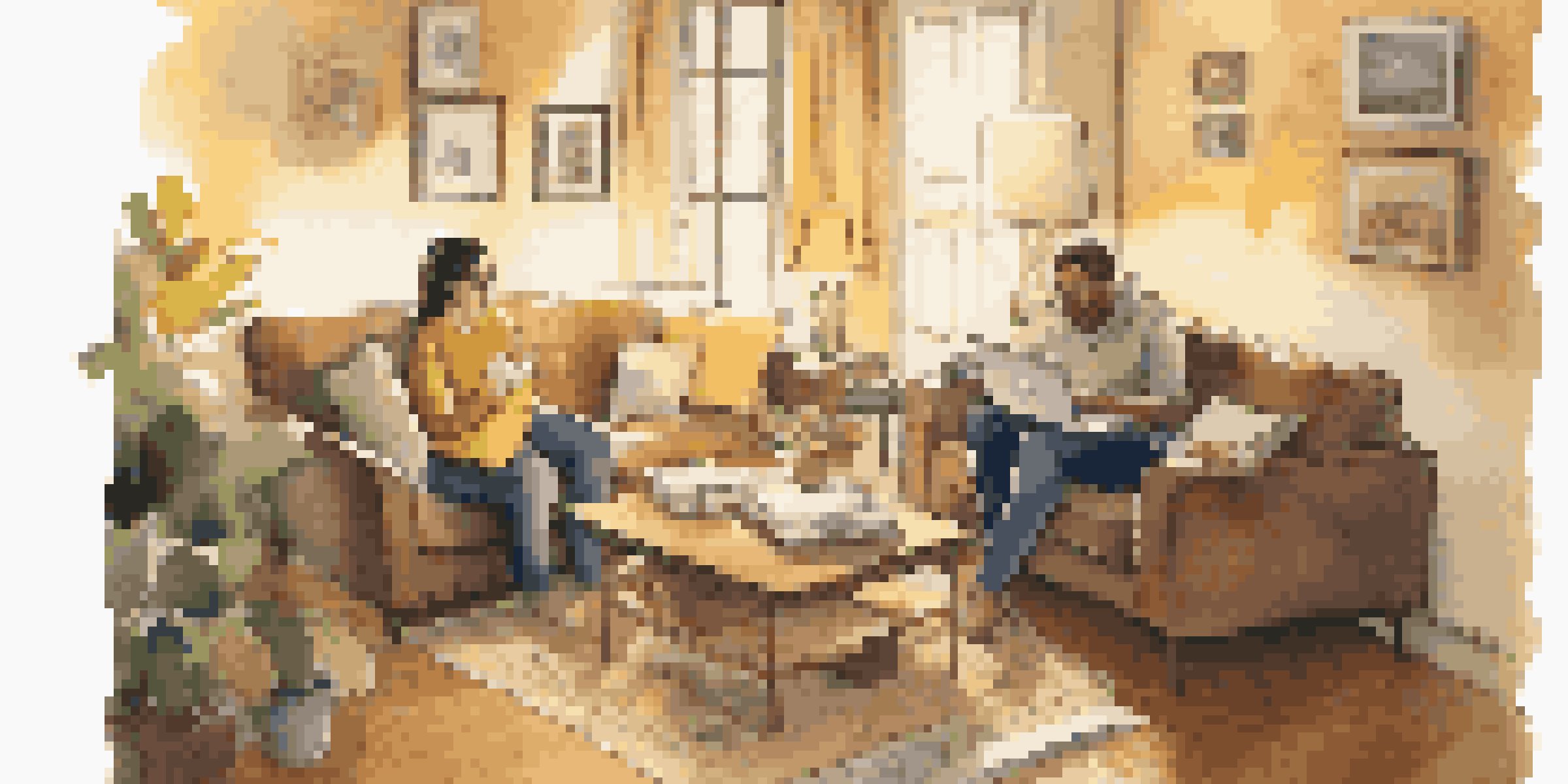 A couple in a cozy living room discussing their finances, surrounded by documents and a laptop.