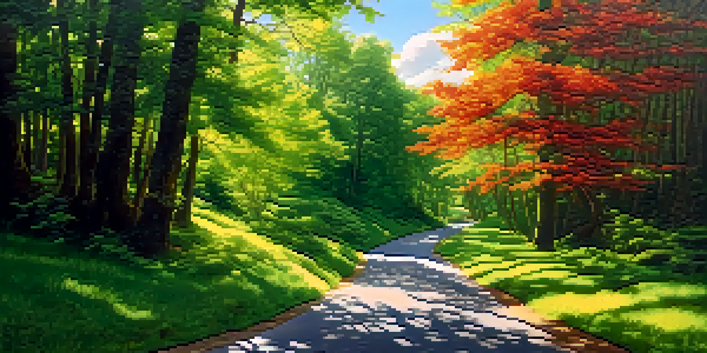 A winding road through a lush green forest with sunlight filtering through the leaves, symbolizing a journey with signposts indicating different futures.