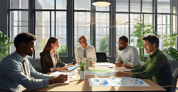 A diverse group of professionals collaborating in a bright office space filled with natural light, discussing financial strategies.