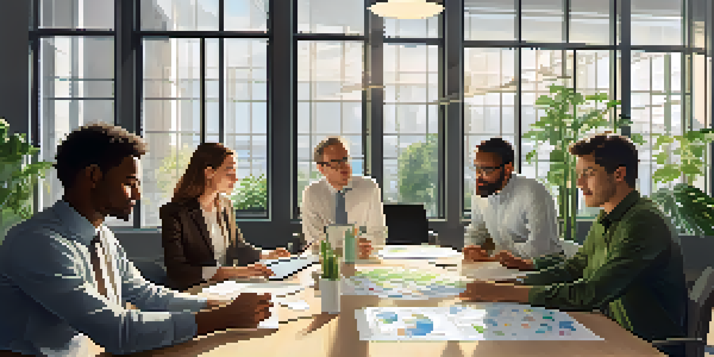 A diverse group of professionals collaborating in a bright office space filled with natural light, discussing financial strategies.