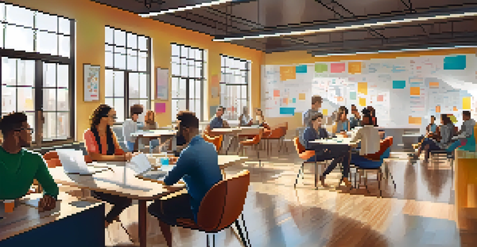 A bright co-working space with diverse people collaborating, sunlit modern furniture, and a whiteboard with diagrams.