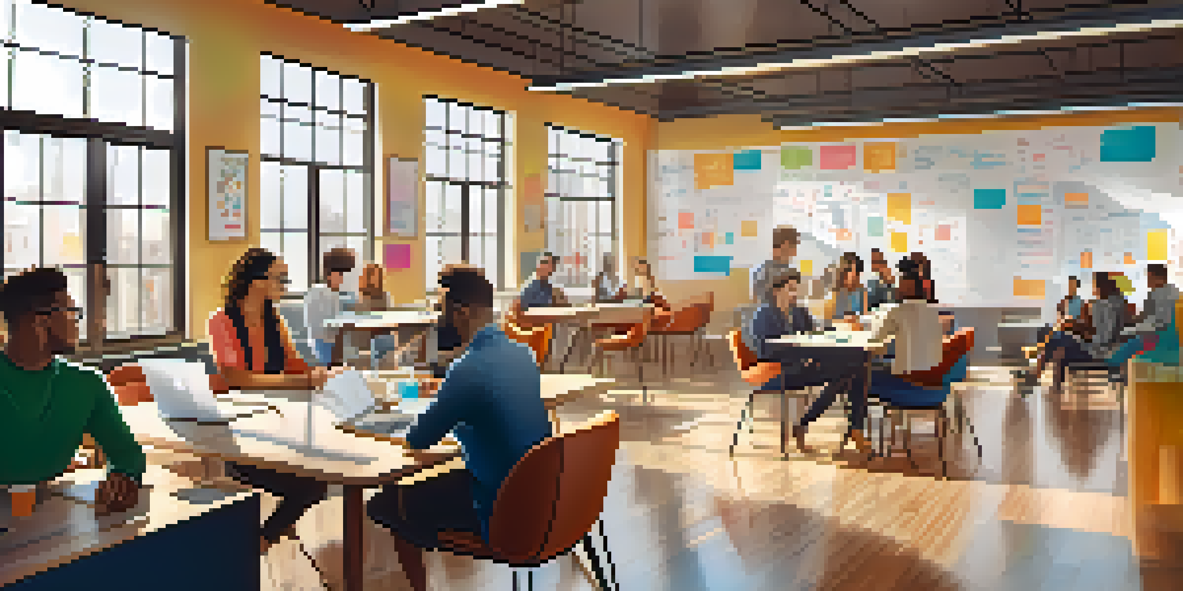 A bright co-working space with diverse people collaborating, sunlit modern furniture, and a whiteboard with diagrams.