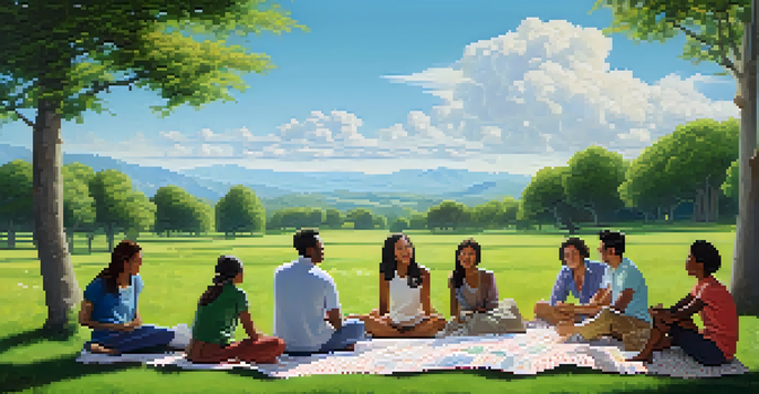 A diverse group of people discussing investment strategies on a picnic blanket in a lush green field under a blue sky.