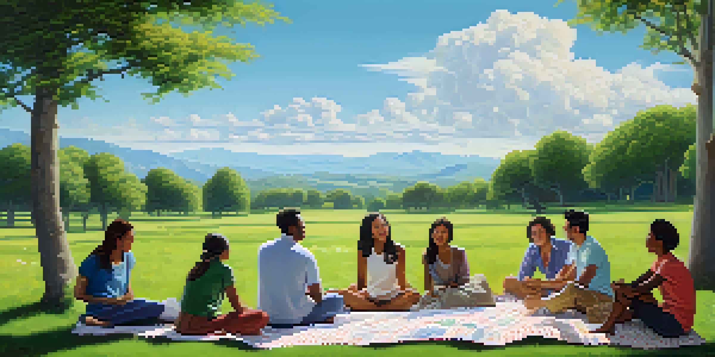 A diverse group of people discussing investment strategies on a picnic blanket in a lush green field under a blue sky.
