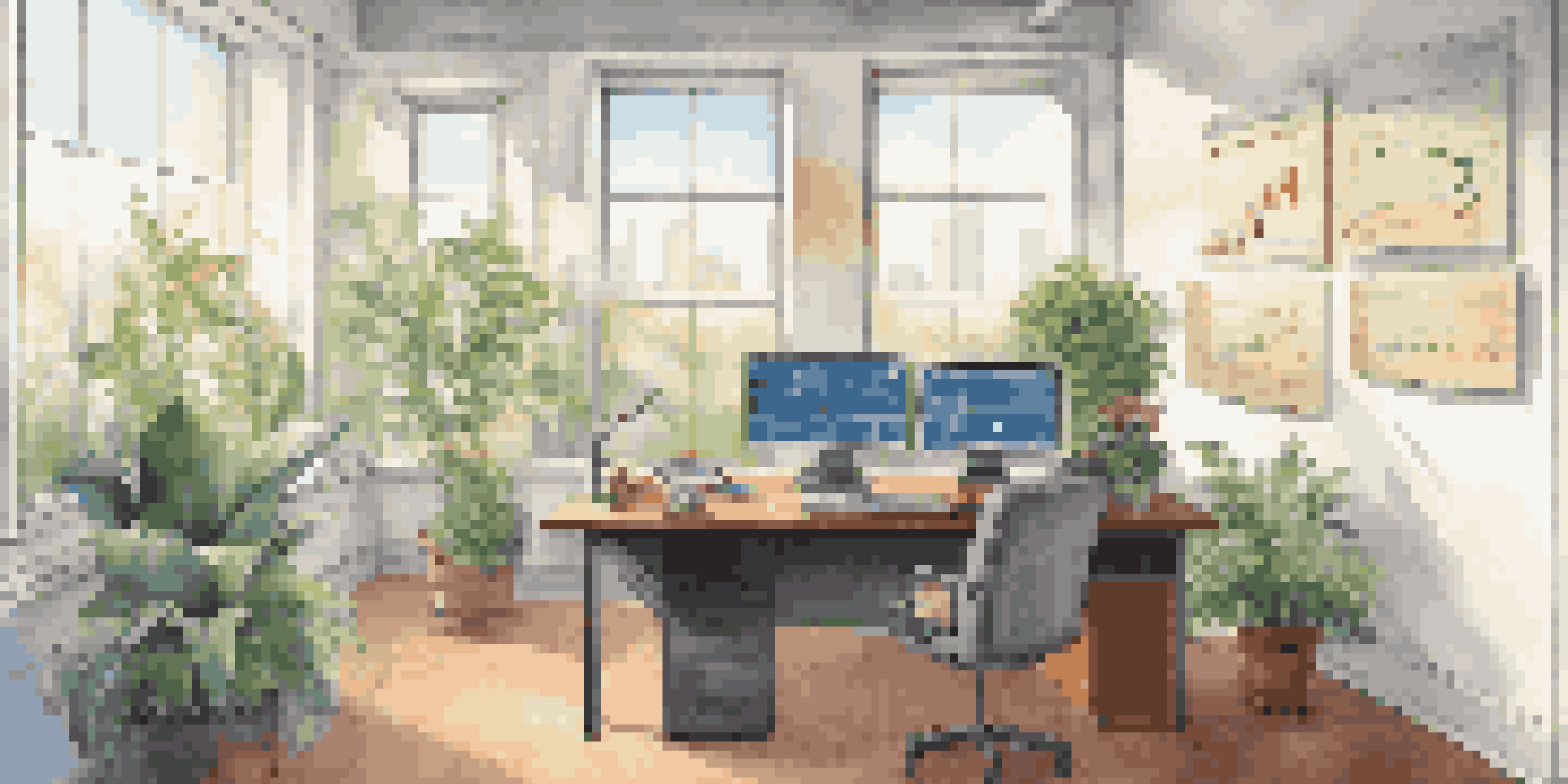 A bright office with a desk, computer showing stock market graphs, and plants, symbolizing productivity.