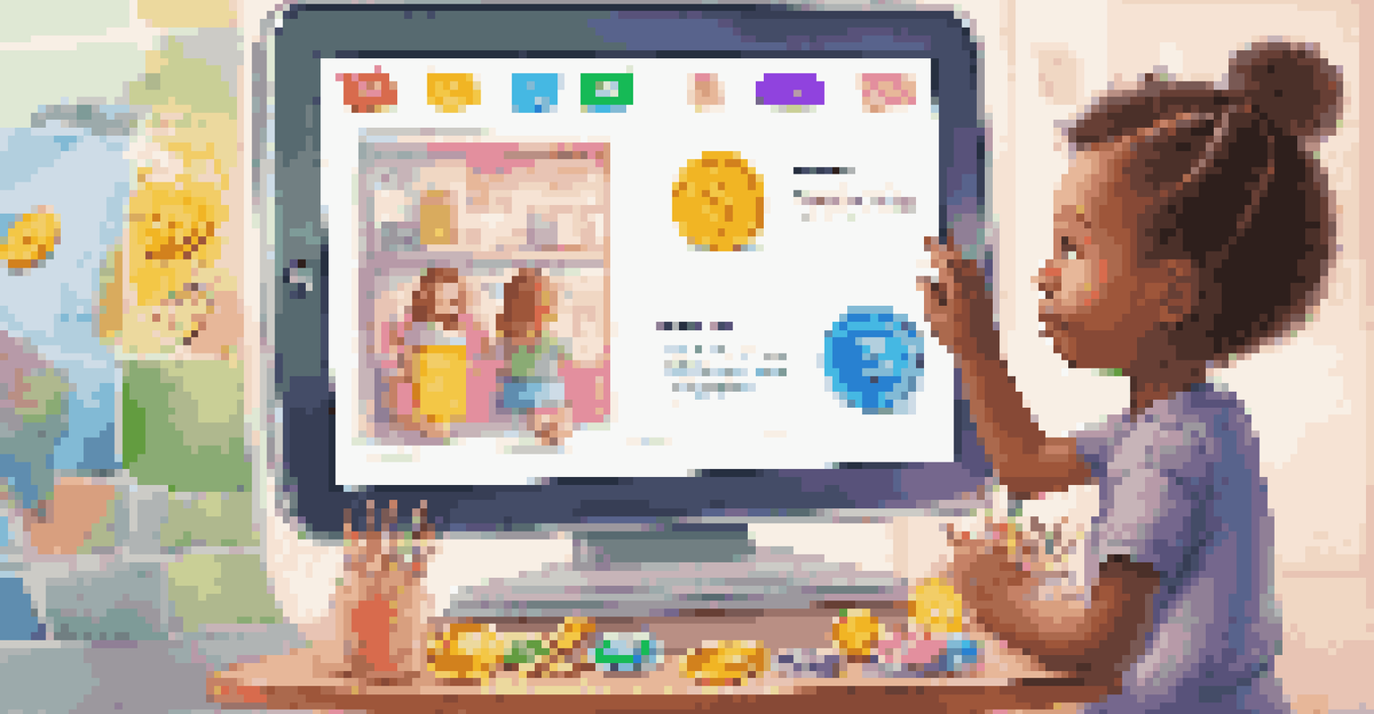 A child engaging with a colorful educational app on a tablet, featuring a virtual banking interface, in a bright room decorated with financial concept posters.