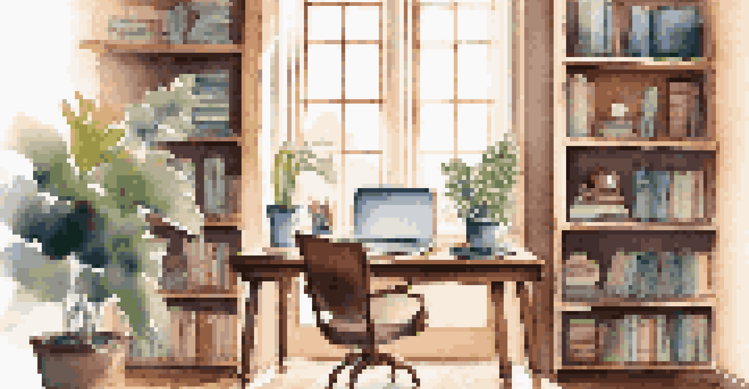 A cozy home office with a wooden desk, laptop, and shelves of books, illuminated by soft natural light from a window.