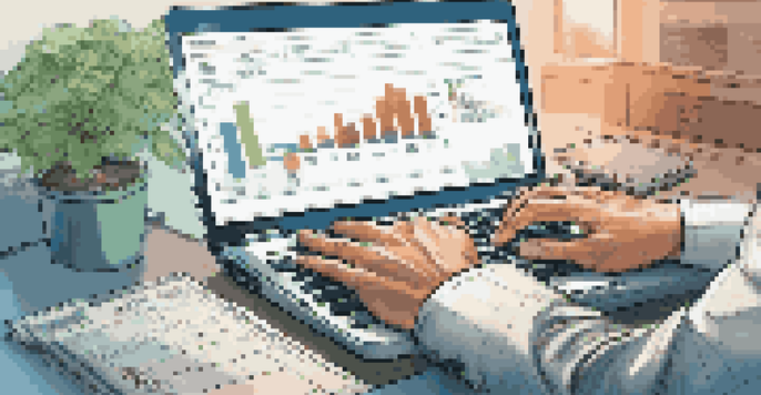 A financial analyst working on a laptop with financial charts in a modern office setting.