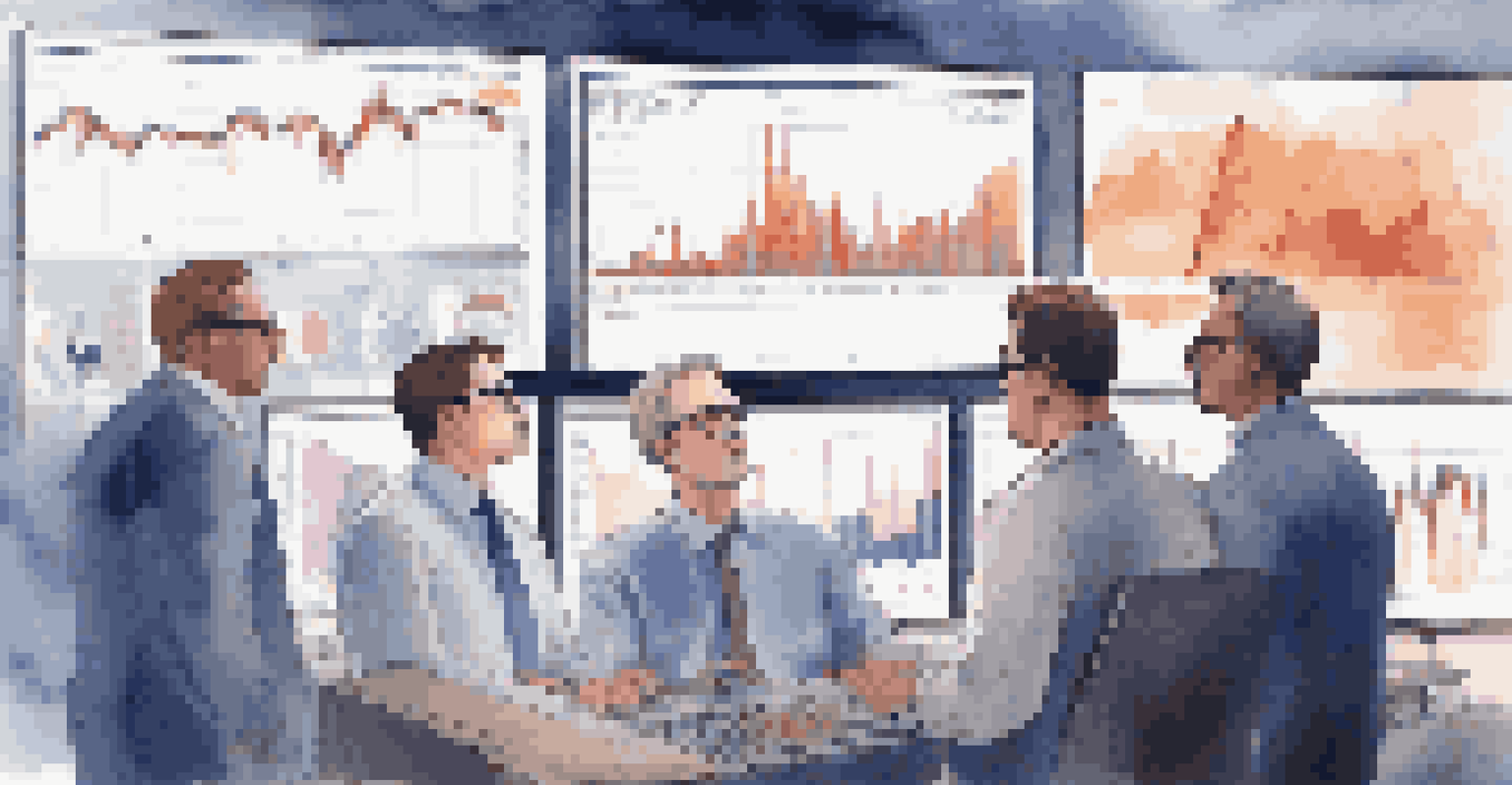 A group of investors looking at stock charts on screens, capturing the energy and volatility of stock investments.
