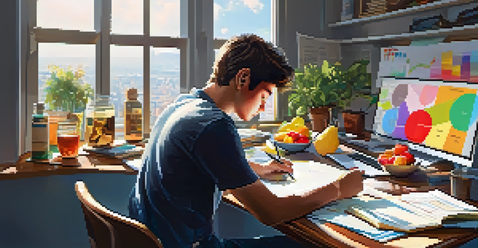 A young investor at a desk with financial documents and a laptop, alongside a fruit salad bowl representing asset allocation, bright sunlight illuminating the scene.