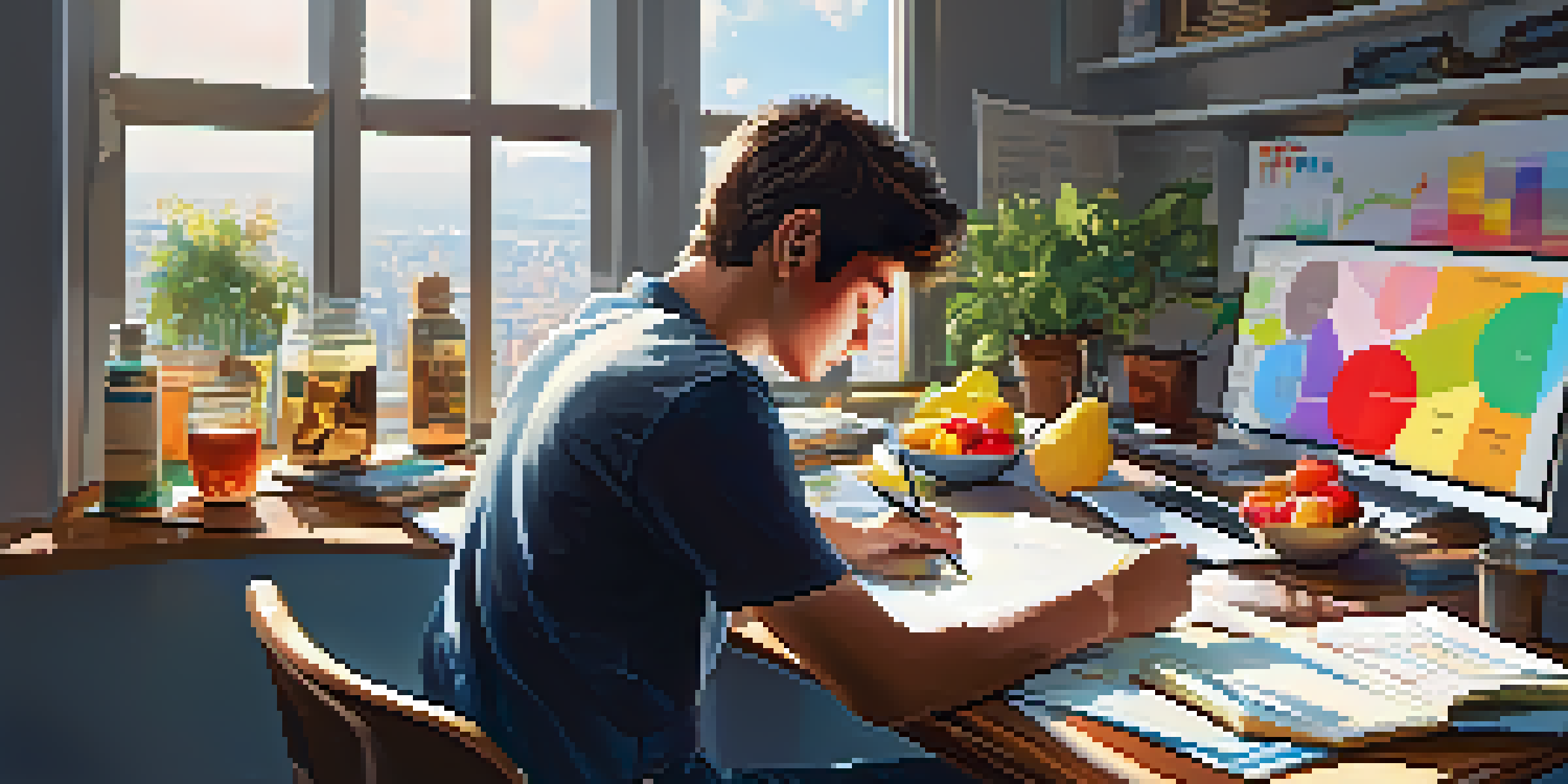 A young investor at a desk with financial documents and a laptop, alongside a fruit salad bowl representing asset allocation, bright sunlight illuminating the scene.